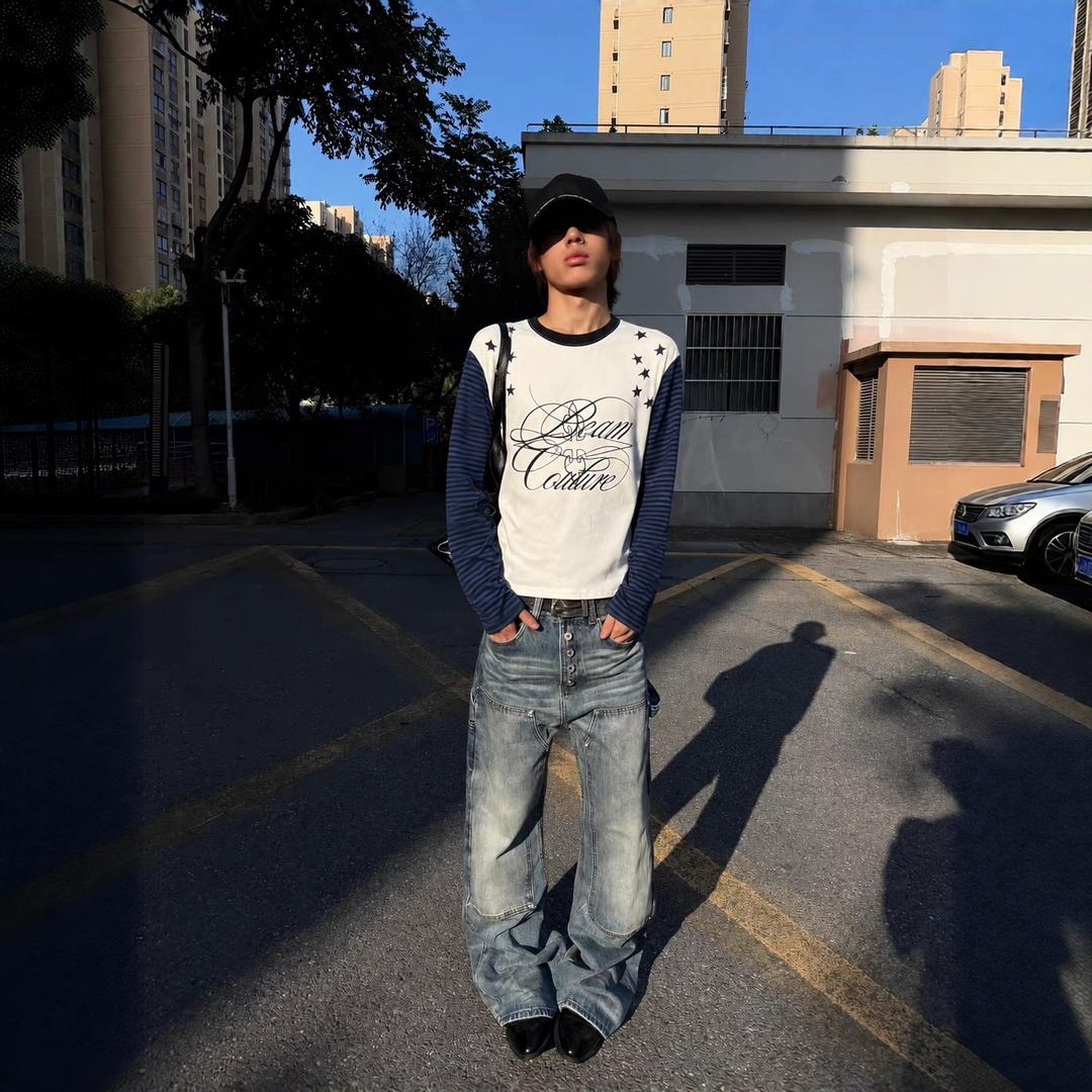 鸢尾剑语美式复古星星印花条纹袖撞色长袖T恤正肩男秋季短款上衣