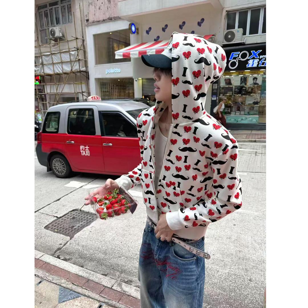 亚文化y2k胡子爱心满印连帽外套男2026早秋新款宽松休闲百搭卫衣