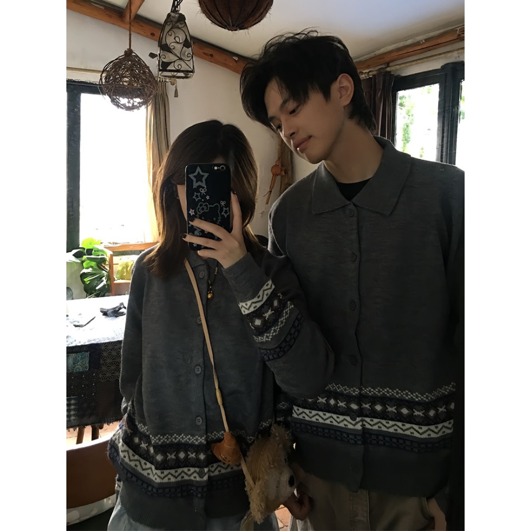 美式复古费尔岛提花针织毛衣男款秋季高级感cleanfit翻领开衫外套