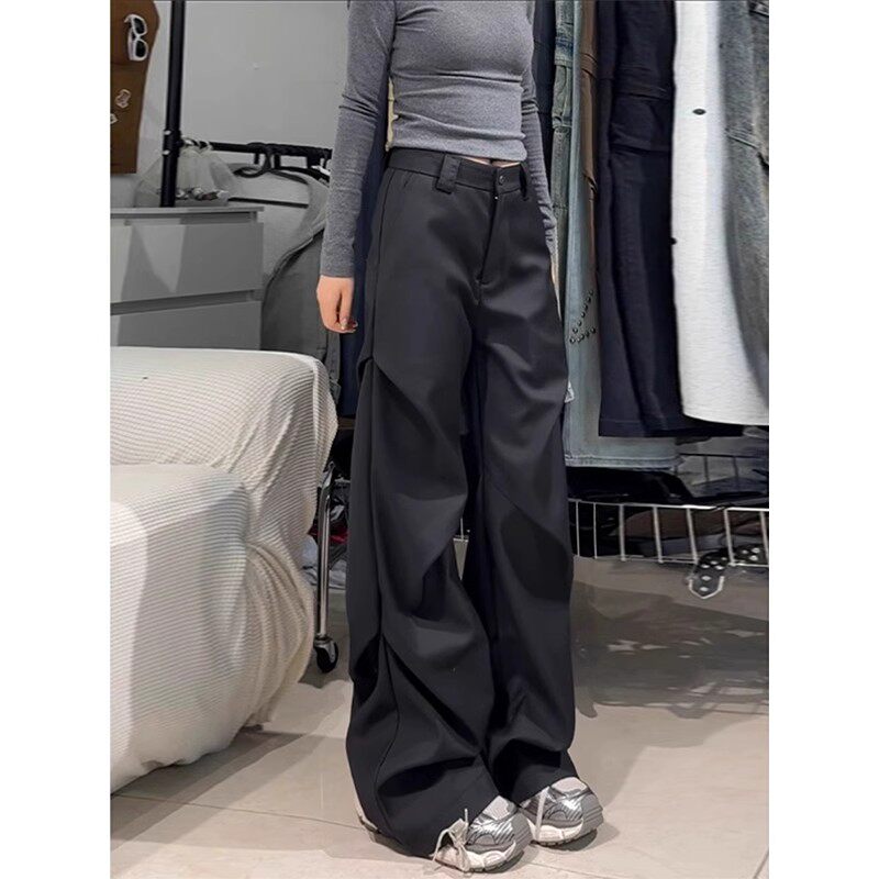 美式cleanfit褶皱西装裤女新款设计感小众宽松阔腿微喇叭休闲裤子