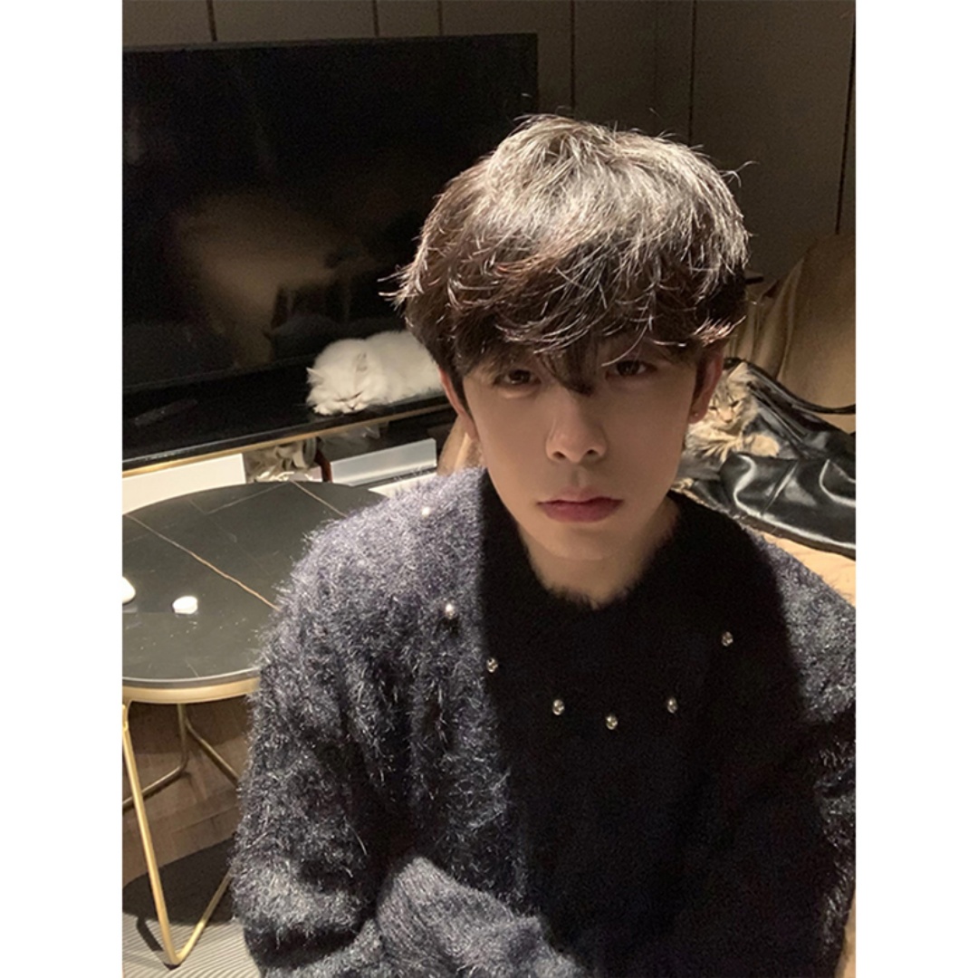 黑色仿貂毛钉珠毛衣男女秋冬季美式潮牌马海毛针织衫cleanfit外套