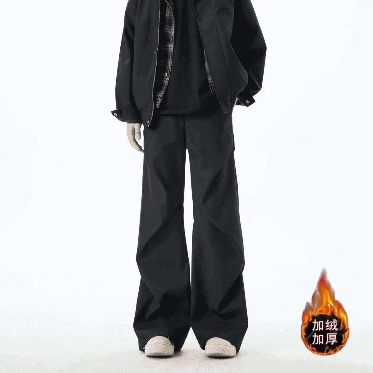 秋冬季加绒黑色设计感褶皱微喇西裤男休闲cleanfit阔腿长裤直筒裤