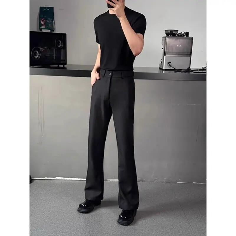 cleanfit穿搭显瘦微喇西裤男款春秋美式斜切条纹潮牌黑色直筒裤子