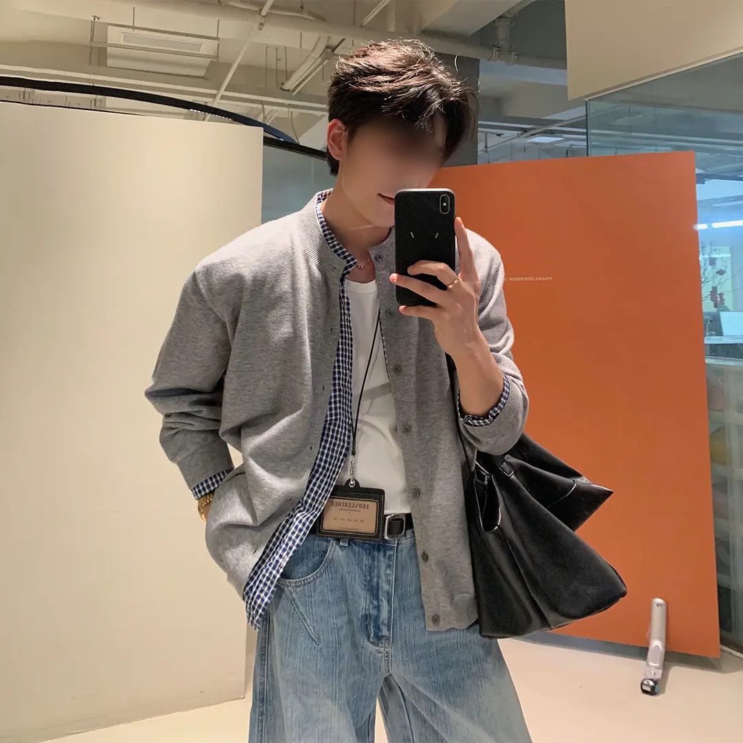 秋冬款拼接假两件毛衣男女学院风针织衫开衫外套m053