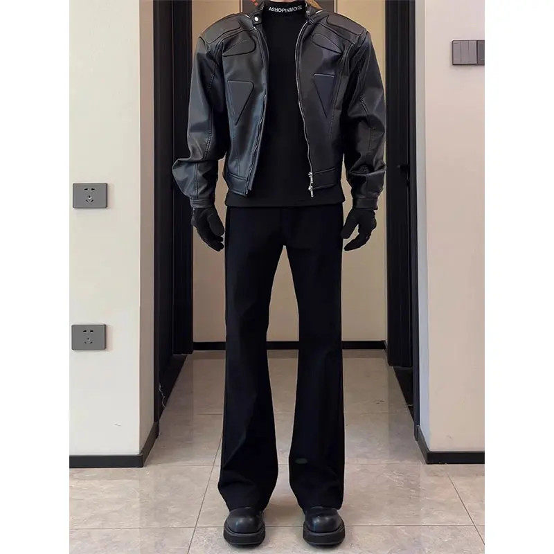 美式cleanfit黑色弯刀裤子男春秋款修身微喇西裤潮牌垂坠感直筒裤