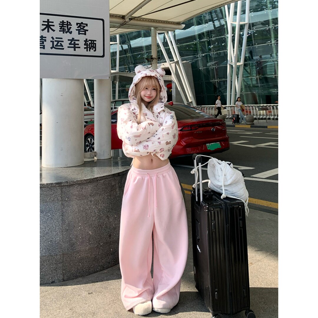 美式复古字母刺绣阔腿抽绳卫裤男女爵士舞宽松休闲百搭拖地长裤子