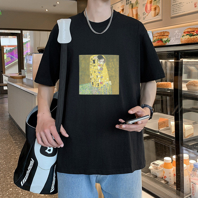 数码直喷短袖t恤男潮流美式黑色夏季宽松夏装五分半袖上衣服情侣