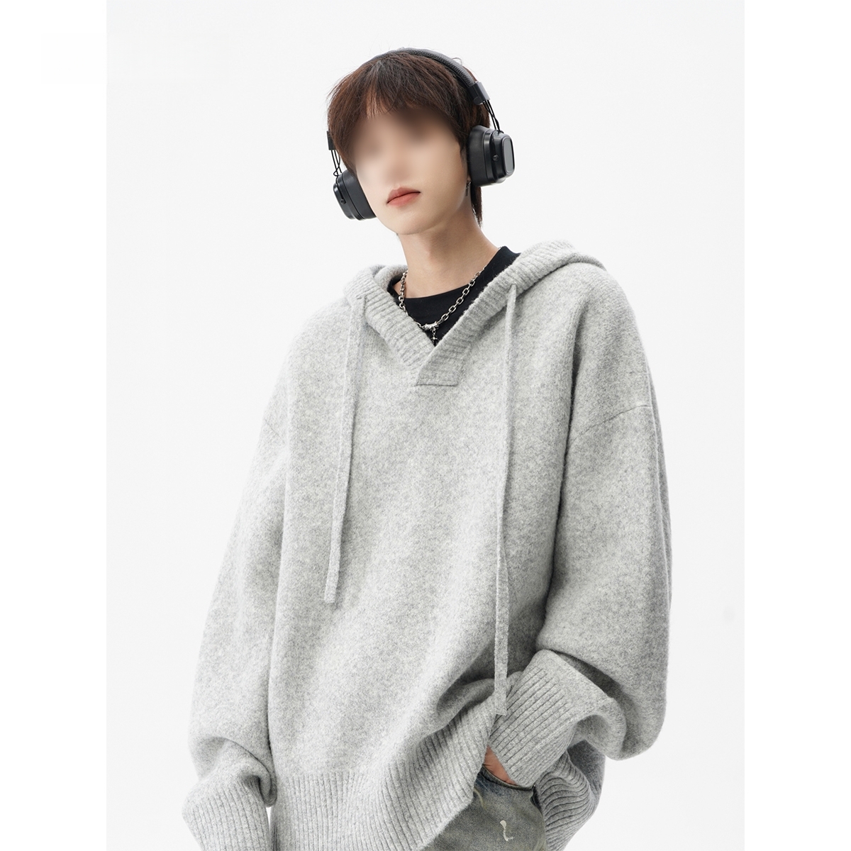 美式连帽针织衫外套男秋季潮牌花灰色情侣毛衣高街慵懒风百搭上衣