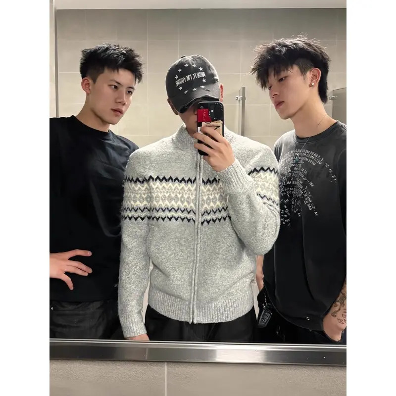 vintage费尔岛毛衣开衫男款秋季高级感慵懒风提花拉链针织衫外套