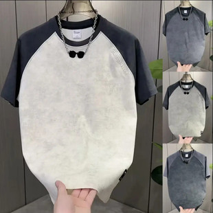 新款插肩袖男士潮流简约扎染t桖男时尚圆领短袖T恤夏季宽松半袖