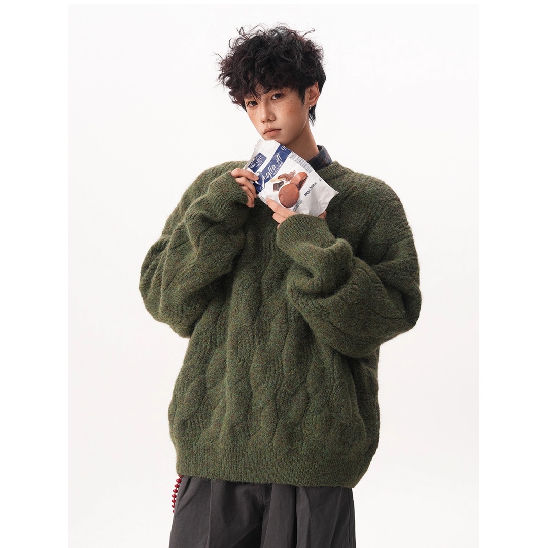 复古氛围感圆领毛衣男女秋冬季宽松慵懒感麻花厚实情侣针织衫外套