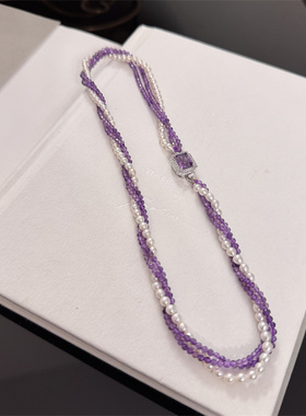 纯银扣子天然珍珠镶嵌紫晶石项链