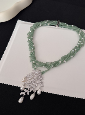 天然东陵玉镶嵌珍珠项链轻奢首饰