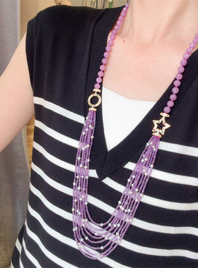 天然紫晶石镶嵌珍珠项链轻奢多层