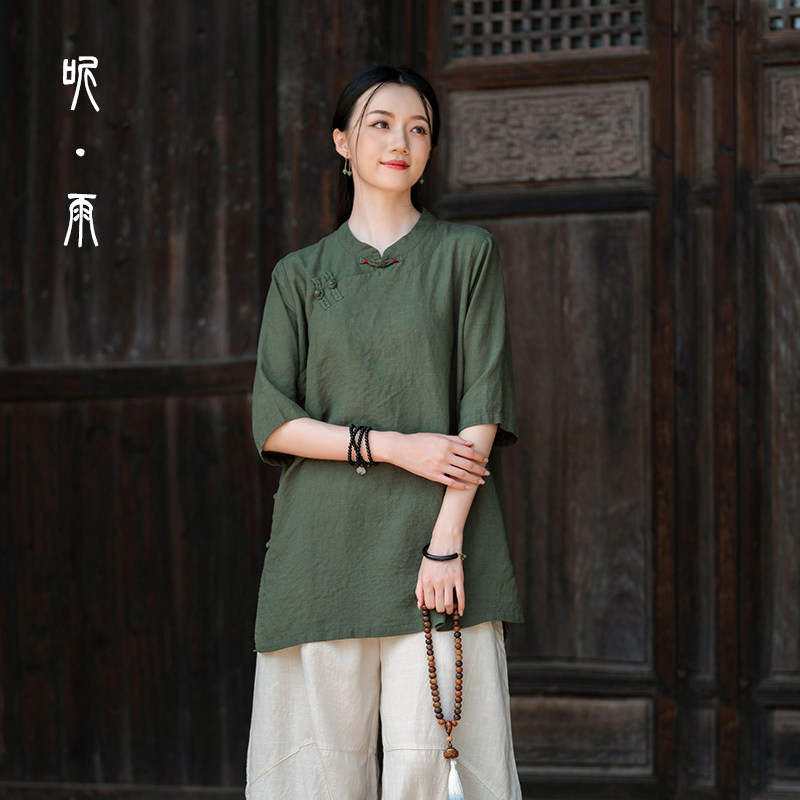 棉麻上衣女中长款天丝棉女装盘扣立领外衣亚麻斜襟茶服开衫居士服