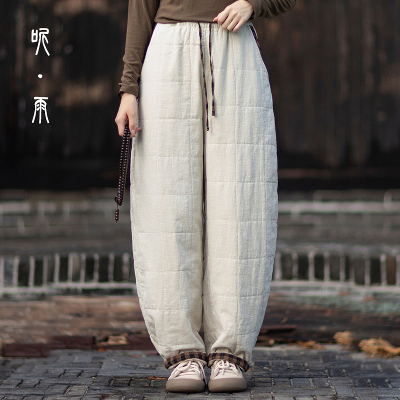 冬款棉裤女长裤棉麻哈伦裤加厚夹棉文艺复古松紧腰女裤子宽松保暖