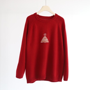 圣诞氛围感 提花撞色本名红年衣插肩袖羊毛混纺宽松加厚针织套头