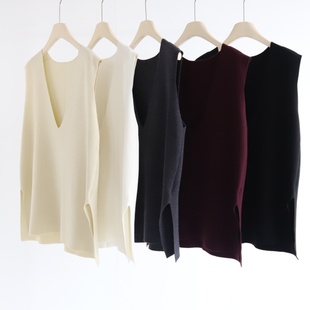 高智感 巴素兰毛条羊毛醋酸混纺深V领叠穿中长款开叉无袖马甲背心