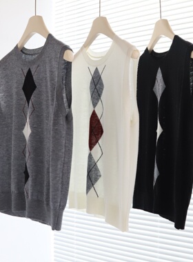 复古学院风 16针33羊毛混纺八奶菱形格圆领无袖叠穿上衣美式马甲