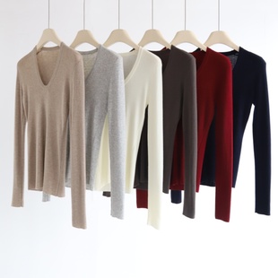 香草奶油  秋冬返场四平织法U领基础款鸡心领长袖针织内搭打底衫
