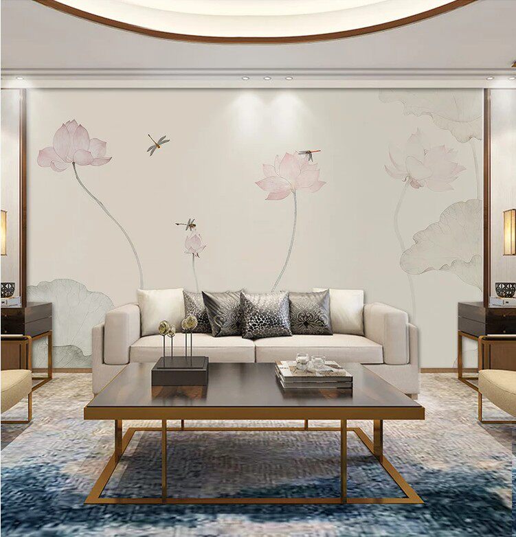 新中式淡雅禅意荷花意境工笔背景墙软硬包沙发办公室壁画宣绒布画