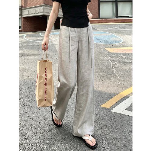 老钱风亚麻阔腿裤女秋薄显瘦长裤