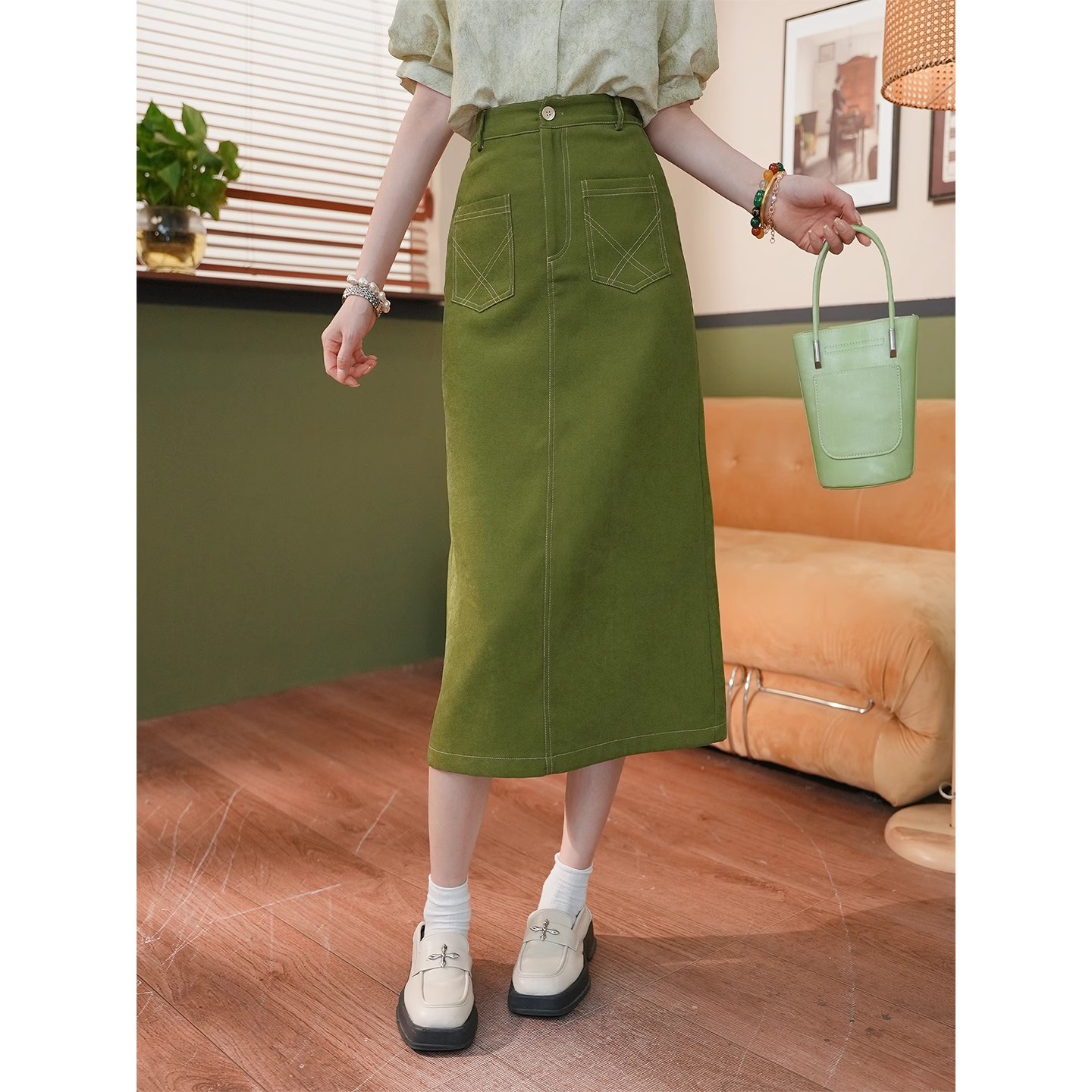 港风军绿色高腰百搭半身裙女夏季