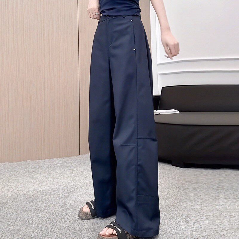 藏青色阔腿工装裤女2026夏季新款大码胖mm宽松显瘦高腰直筒弯刀裤