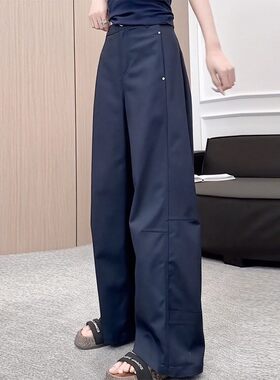 藏青高腰阔腿工装裤女显瘦大码秋