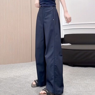 藏青色阔腿工装裤女2026夏季新款大码胖mm宽松显瘦高腰直筒弯刀裤