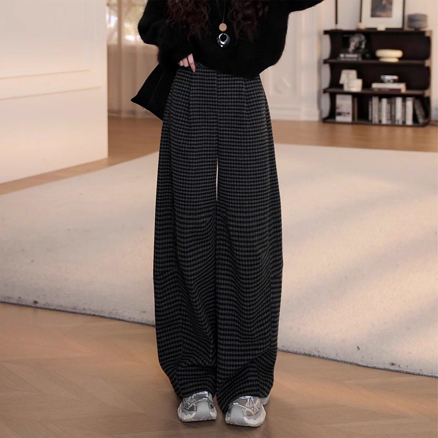 韩系复古格纹休闲裤加绒垂感松弛感宽松bf慵懒风时尚气质阔腿裤