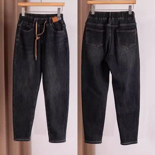 秋冬季 松紧腰宽松设计裤 加绒加厚小脚萝卜牛仔裤 新款 子 女时尚 大码