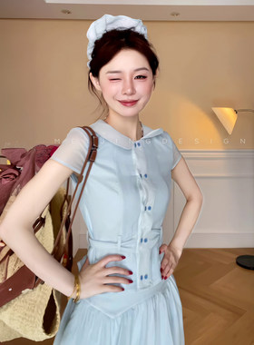 小清新甜美减龄蓝色套装女夏季新款娃娃领双排扣衬衫+高腰半身裙
