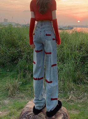 设计感红色刺绣直筒牛仔裤女大码胖mm春夏高腰宽松显瘦阔腿长裤子