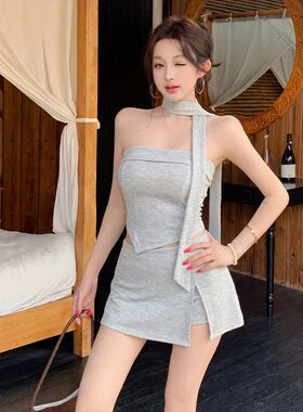 辣妹性感领带抹胸上衣女夏季新款修身设计感露腰开叉裙裤两件套装
