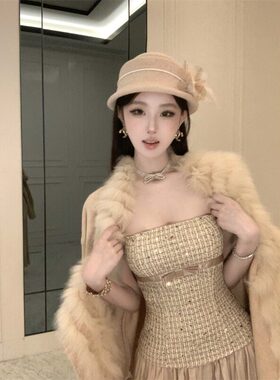小香风抹胸连衣裙女夏季内搭裙子性感生日约会礼服裙法式a字长裙
