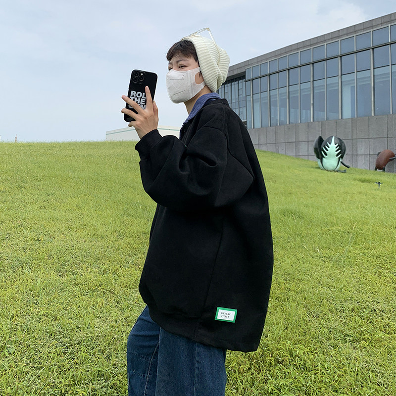 2025秋季新款港风宽松假两件350克重麂皮绒卫衣W2210-P60-控78,男装卫衣,电商A036A