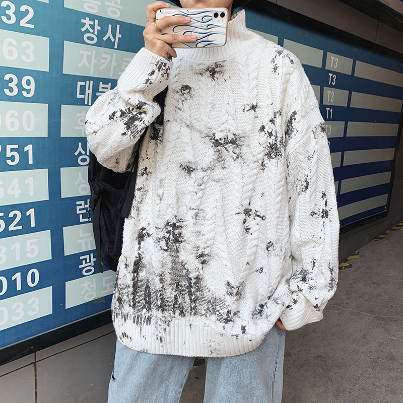 M2105-P75控982025秋冬季加厚粗针泼墨半高领毛衣针织衫,男装针织衫/毛衣,电商A036A
