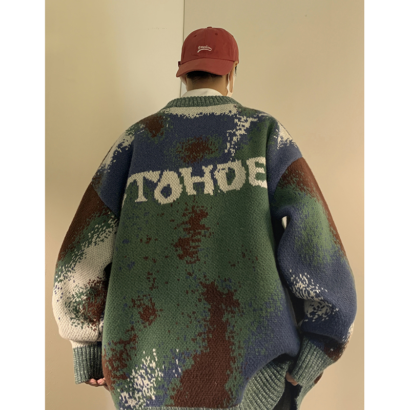 W2218-P75控98秋冬高品质港风宽松加厚迷彩套头毛衣针织衫外套，男装针织衫/毛衣，电商A036A
