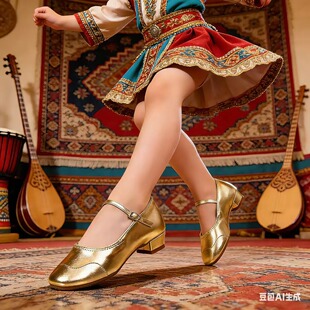 儿童金新疆舞鞋专业舞蹈鞋中跟练功鞋一字扣带软底透气演出专用鞋