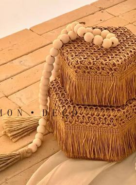 现代中古艺术手工草韵流苏首饰盒创意摆件桌面玄关家居陈列收纳盒