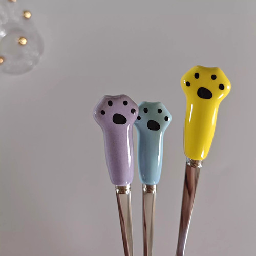 不锈钢非陶瓷柄猫爪小叉子甜品蛋糕月饼便餐具水果叉可爱创意