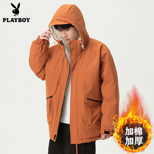 花花公子焦糖色工装羽绒棉服男冬季新款户外保暖加厚短款棉衣外套