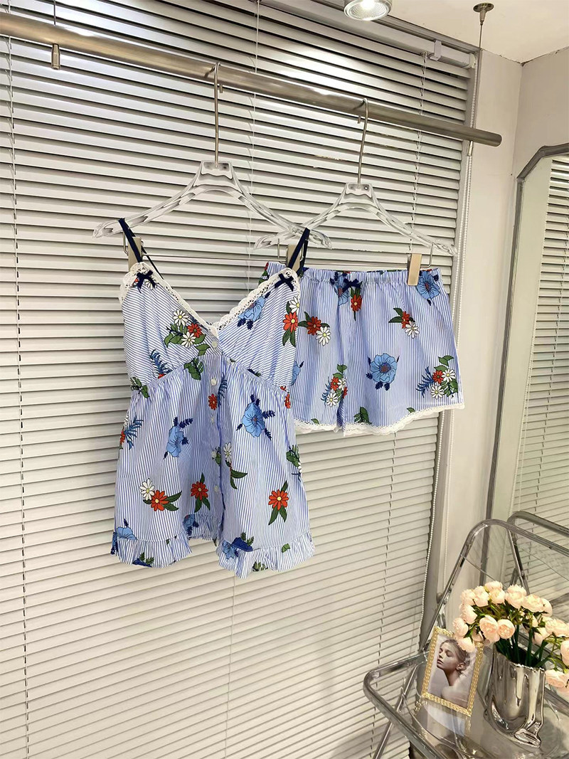 吊带短裤睡衣女夏季纯棉梭织两件套装性感可爱甜美多色碎花家居服