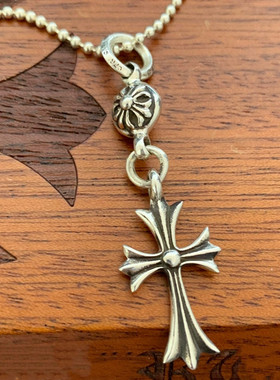 单球十字架项链女纯银做旧白金色长链复古潮酷嘻哈风个性男女同款