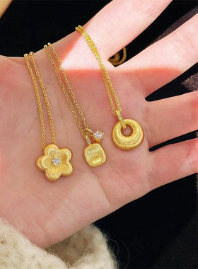复古圆形小金沱拉丝项链 女纯银镀18K黄金色圆圈锁骨链设计百搭潮