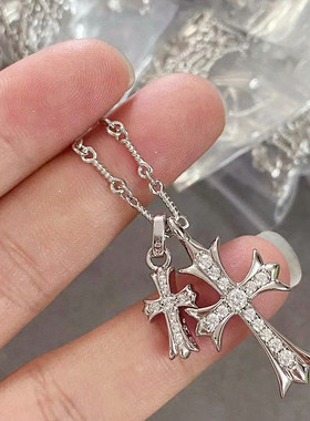 双十字架项链 纯银镀18K黄金色镶钻大小十字架吊坠锁骨链男女情侣