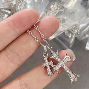 双十字架项链 纯银镀18K黄金色镶钻大小十字架吊坠锁骨链男女情侣