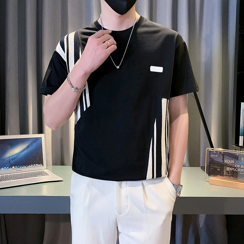 高级感撞色拼接条纹短袖T恤男2024夏季新款圆领宽松上衣 TX11-P48图片