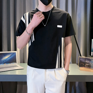 高级感撞色拼接条纹短袖T恤男2024夏季新款圆领宽松上衣 TX11-P48图片